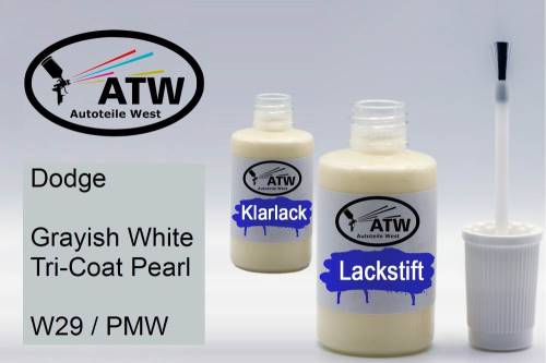 Dodge, Grayish White Tricoat Pearl, W29 / PMW: 20ml Lackstift + 20ml Klarlack - Set, von ATW Autoteile West.